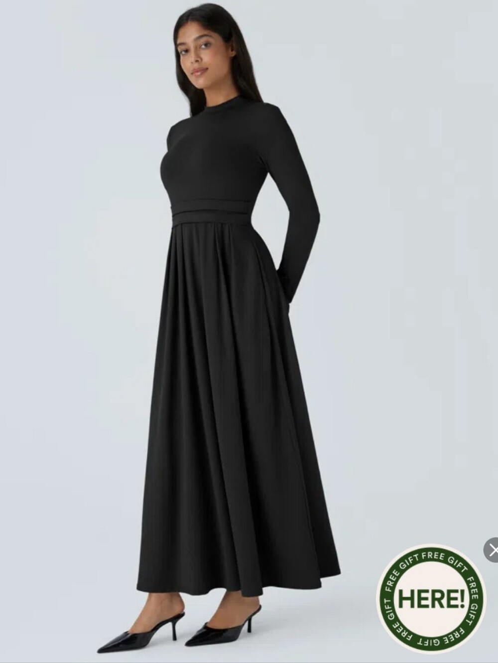 Mock-Neck Long Sleeve Pocket Flare Maxi Dress - Black - Picture 4 of 8